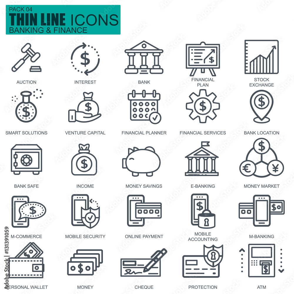 Thin line banking and finance icons Thin line banking and finance icons
