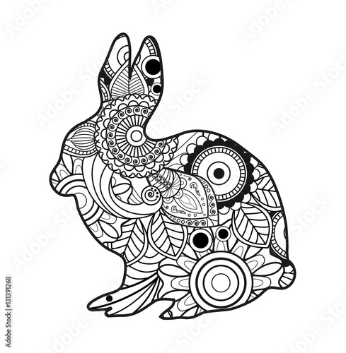 Vector illustration of a black and white rabbit mandala for coloring book, coniglio mandala in bianco e nero da colorare vettoriale photo