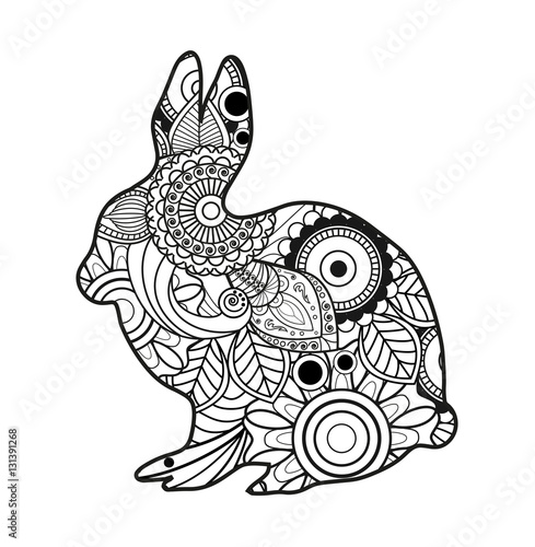 Vector illustration of a black and white rabbit mandala for coloring book, coniglio mandala in bianco e nero da colorare vettoriale