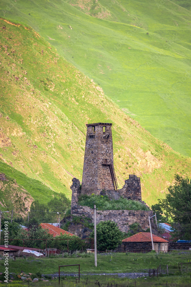 Fototapeta premium Medieval watch tower in village Sno (Sno castle), Kazbegi region