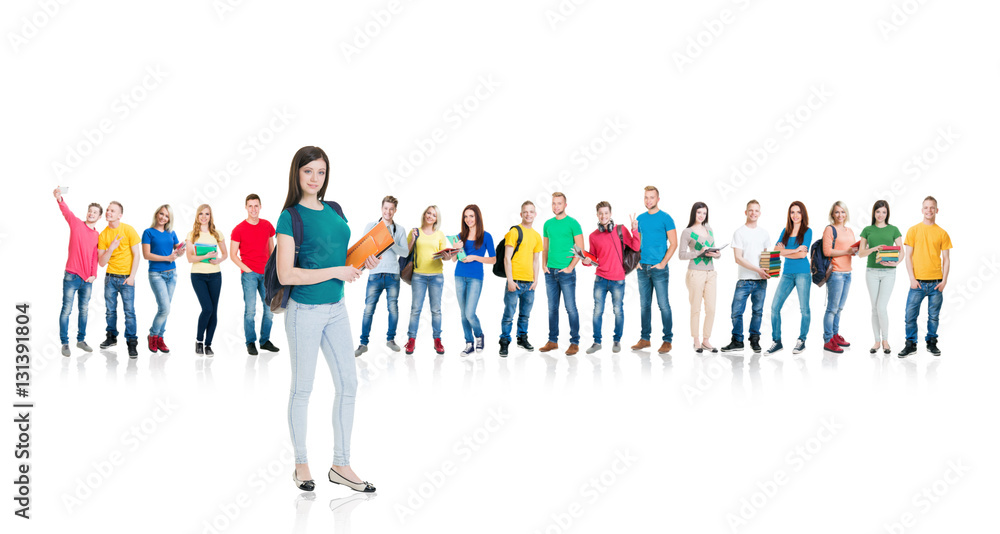 Large group of teenage students on white