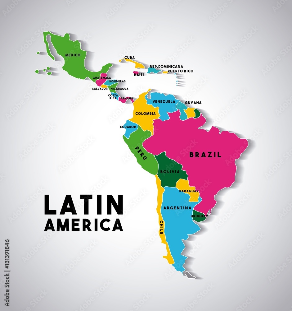 Map of Latin America with the countries demarcated in different colors ...