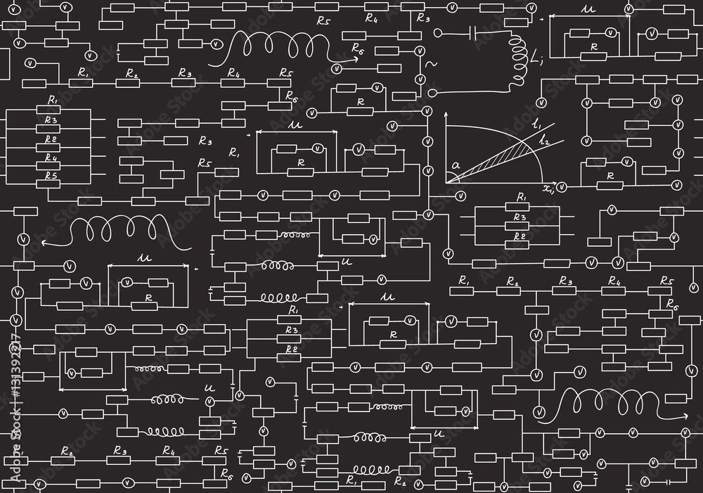 Physical vector seamless pattern with alternating current circuit schemes, handwritten on grey board, scientific research background Physical vector seamless pattern with alternating current circuit schemes, handwritten on grey board, scientific research background