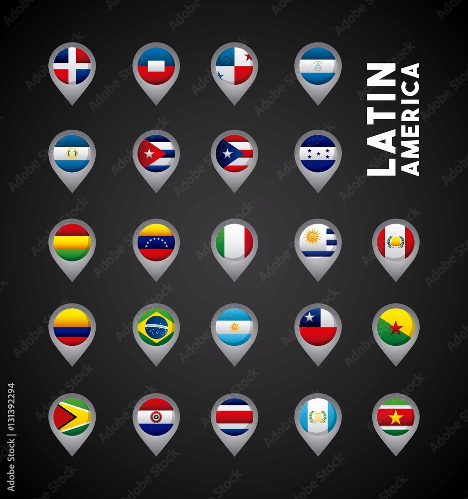 flags of latin america countries on location pins. colorful design. vector illustration flags of latin america countries on location pins. colorful design. vector illustration