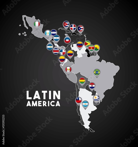 Map of Latin America with the flags of countries on location pins. colorful design. vector illustration
