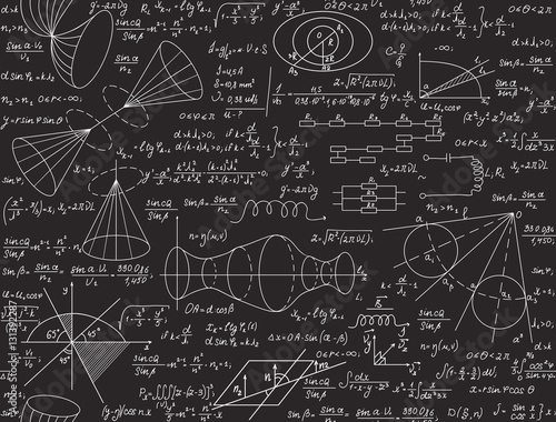 Physical vector seamless texture with formulas, calculations, figures, handwritten equations and tasks solutions, chalk writings on grey board effect