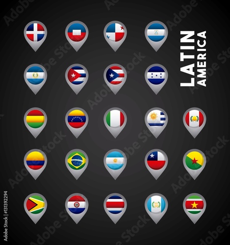 flags of latin america countries on location pins. colorful design. vector illustration