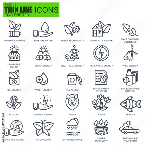 Thin line environment, renewable energy icons