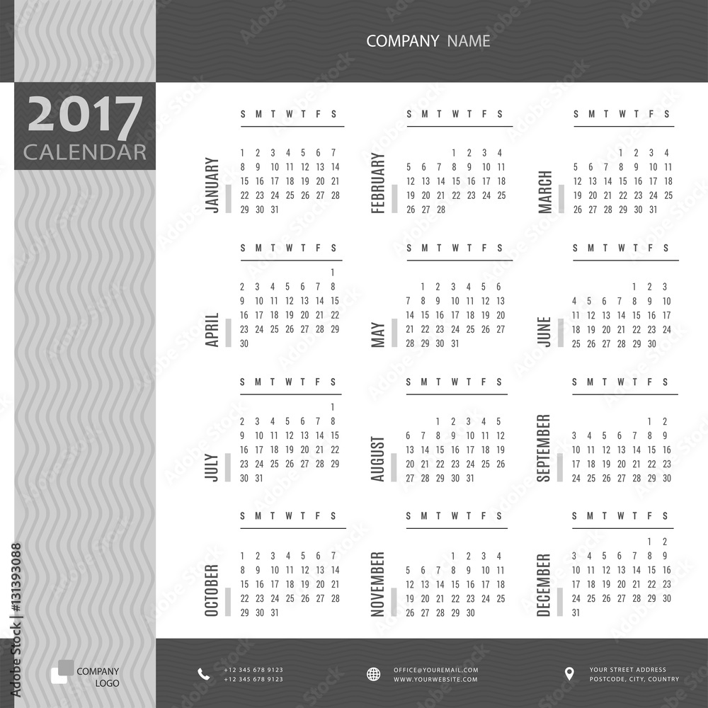 Simple black and white 2017 calendar, planner, organizer and schedule