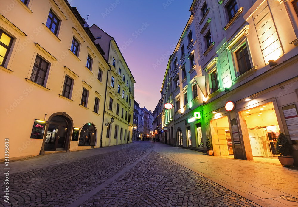 Colorful street in Brno, in the evening.