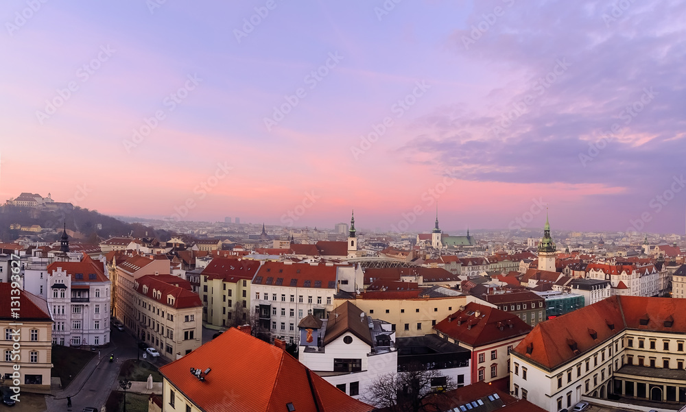 Panorama of the city skyline at sunset  in Brno, Morawia