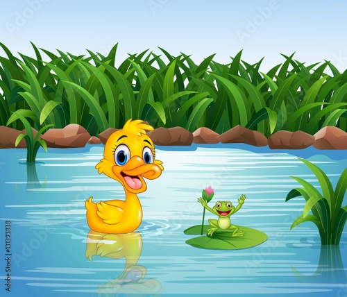 Fototapeta Naklejka Na Ścianę i Meble -  Cartoon funny duck with frog