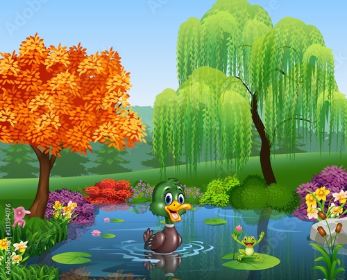 Cartoon duck with happy frog