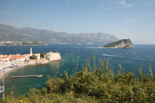 top view of the Old Town of Budva and the island of St. Nicholas. Montenegro