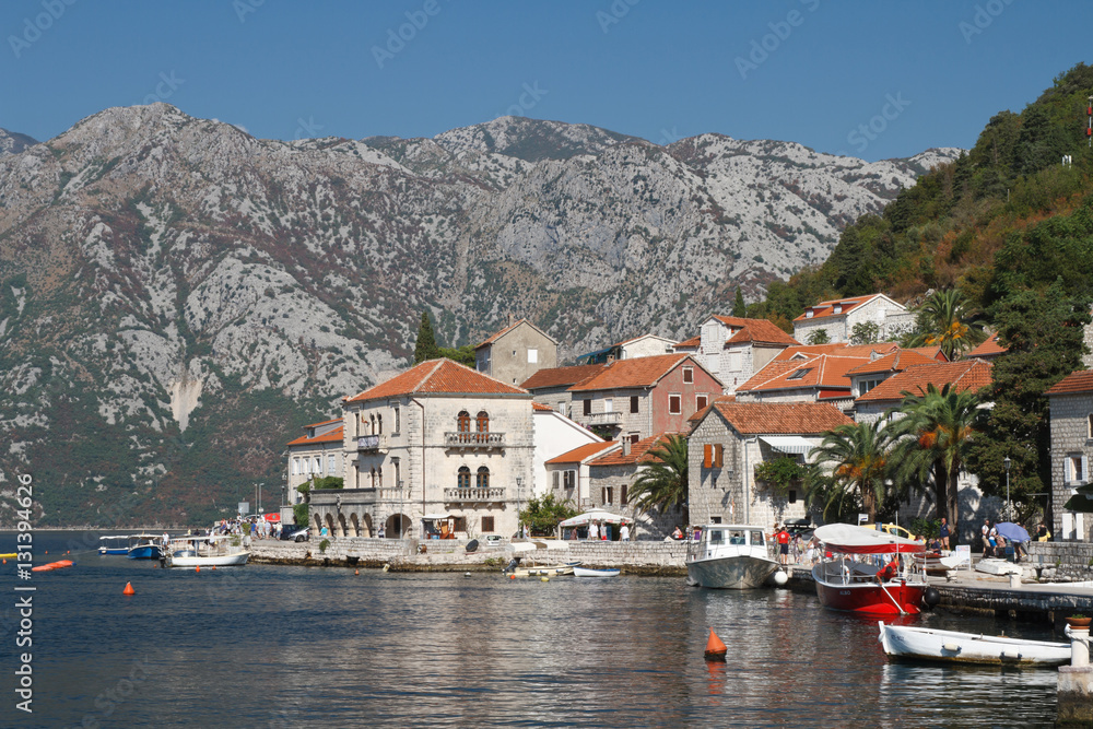 beautiful city in the Bay of Kotor on the background of mountains. Perast, Montenegro