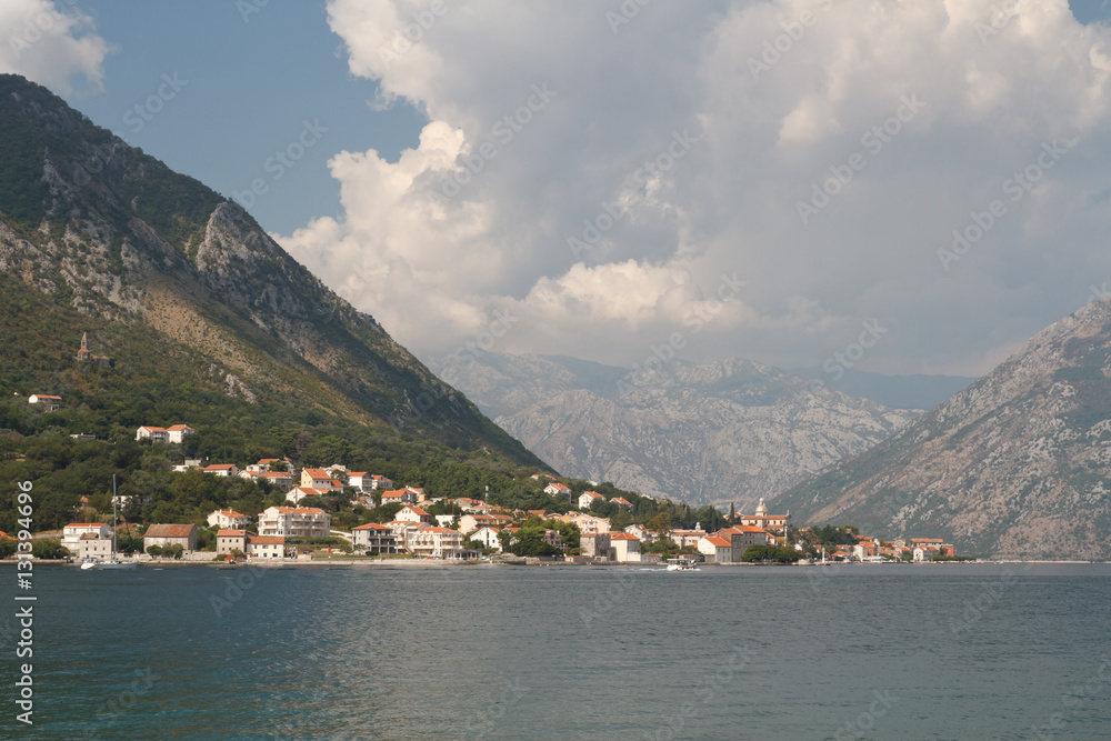 Nice view of the ancient town of Prcanj on the shore of Kotor Bay. 
