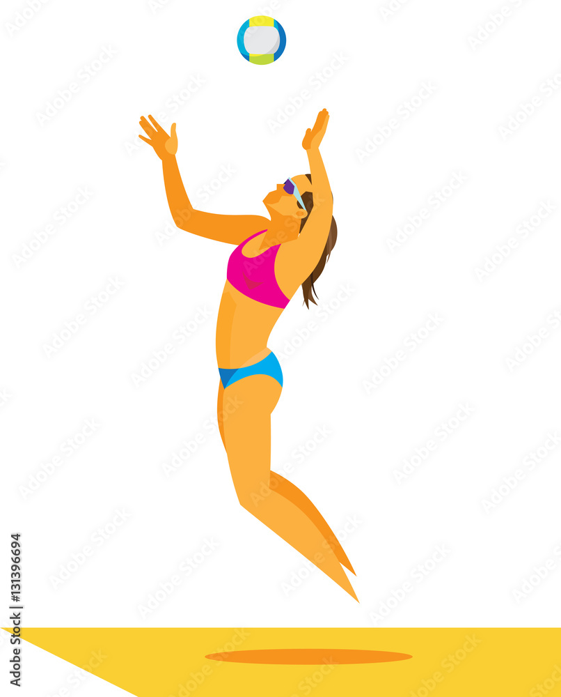 girl is a beach volleyball player serve the ball in jump