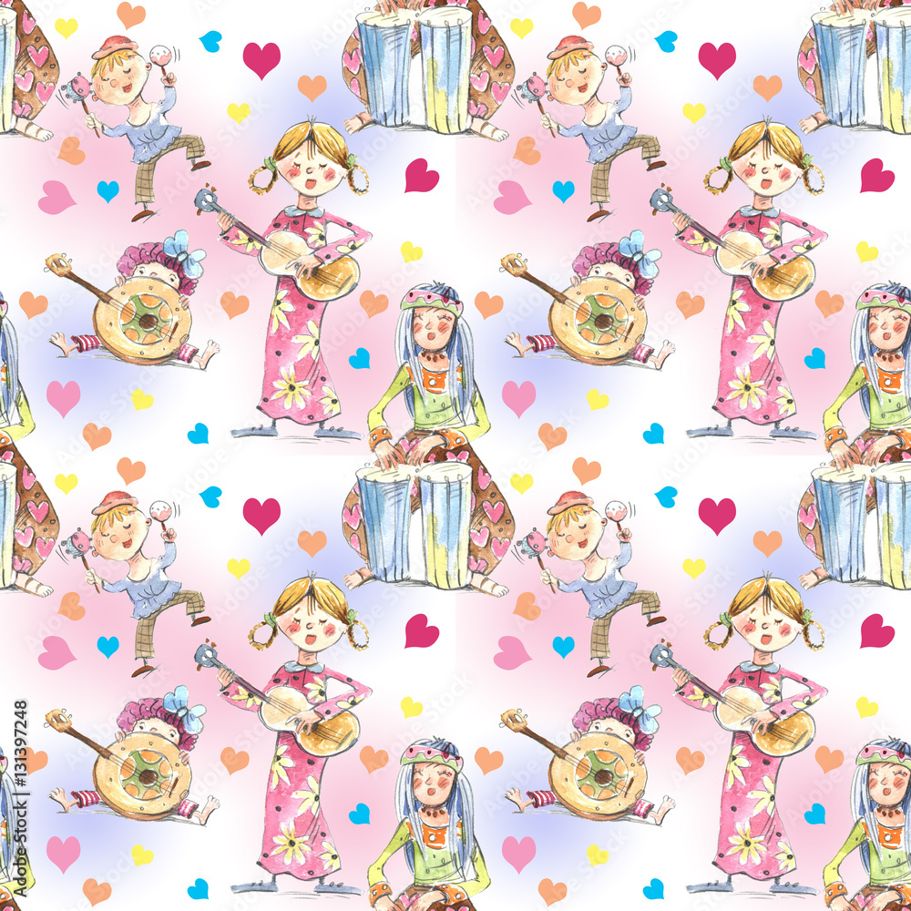 Fototapeta premium musicians, illustration, watercolor, seamless pattern