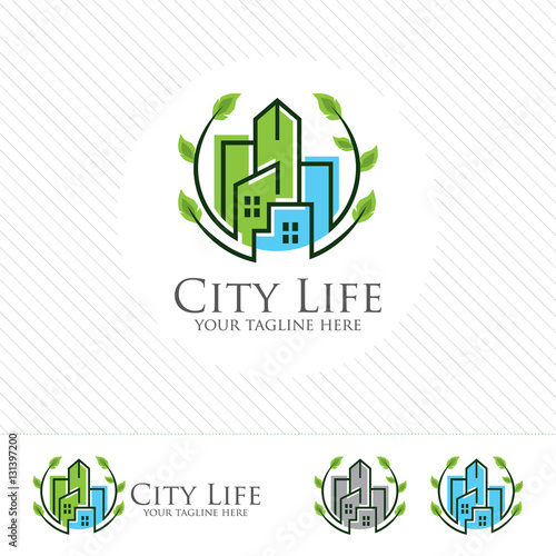 Abstract green city building logo design concept. Symbol icon of residential, apartment and city landscape.