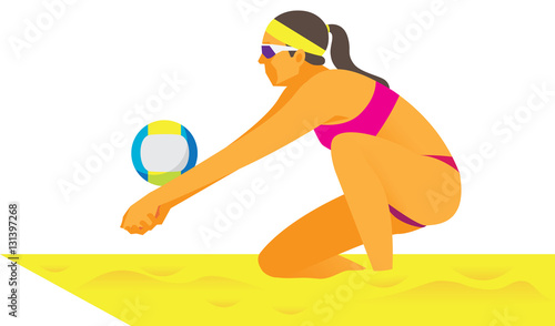 Young woman player in beach volleyball takes the ball