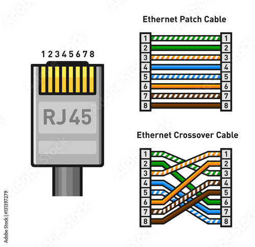 Ethernet Connector Pinout Color Code. Straight and Crossover RJ45 Connect. Vector photo
