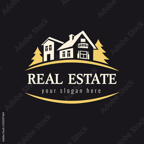 Real estate golden forest logo. Luxury sign for real estate agency, building, lease house, insurance, invest or landscape design business. Country house vector vintage symbol