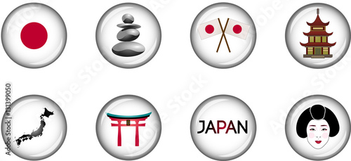 Japan Glossy Button Set. Vector graphic images representing famous landmarks and icons of Japan.