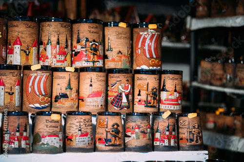 Souvenir Cup On Store Shelves. Various Traditional Cups At Folk Market.