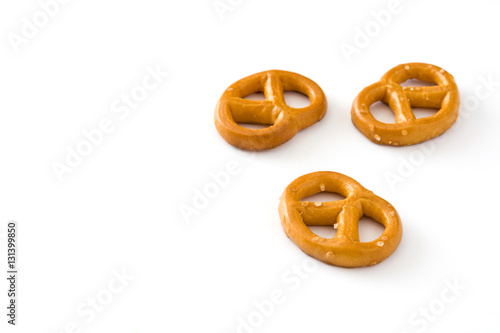 Salted pretzels isolated on white background