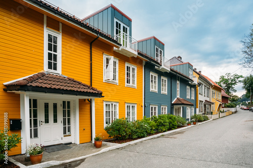 Bergen Norway. Colorful Facades Of Houses On Deserted Street At Residential Area © Grigory Bruev
