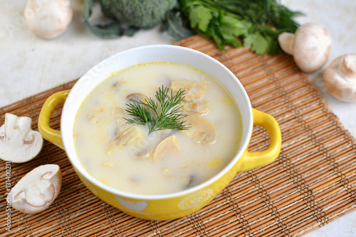 Delicious soup with cheese and mushrooms in a yellow plate