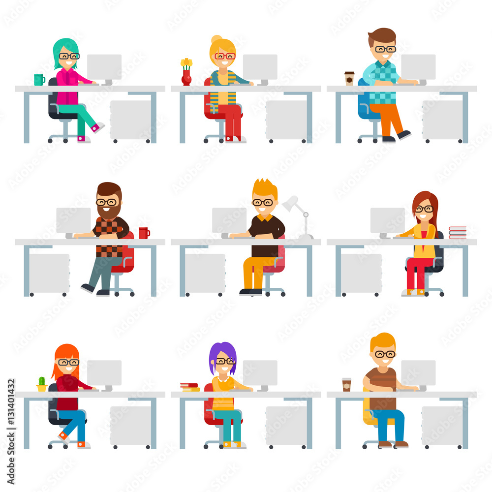 Hardworking creative people work in the office with computers vector flat design. Funny office workers are in workplaces. Men and women are in colorful clothes at work isolated on white background