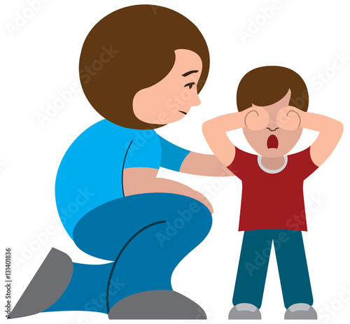 Concerned cartoon mom is comforting her upset son