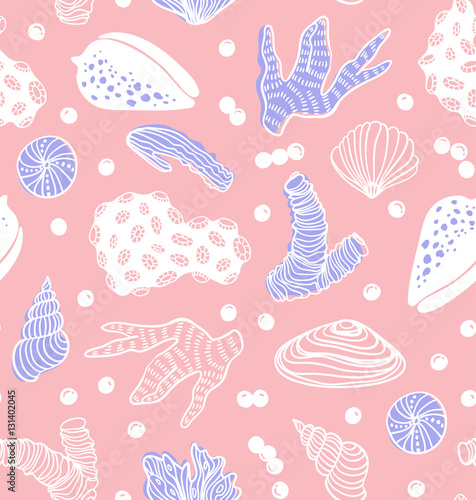 Seamless pattern with sea treasures - corals, cockleshells, stones, seaweed. Vector illustration  hand drawn style.