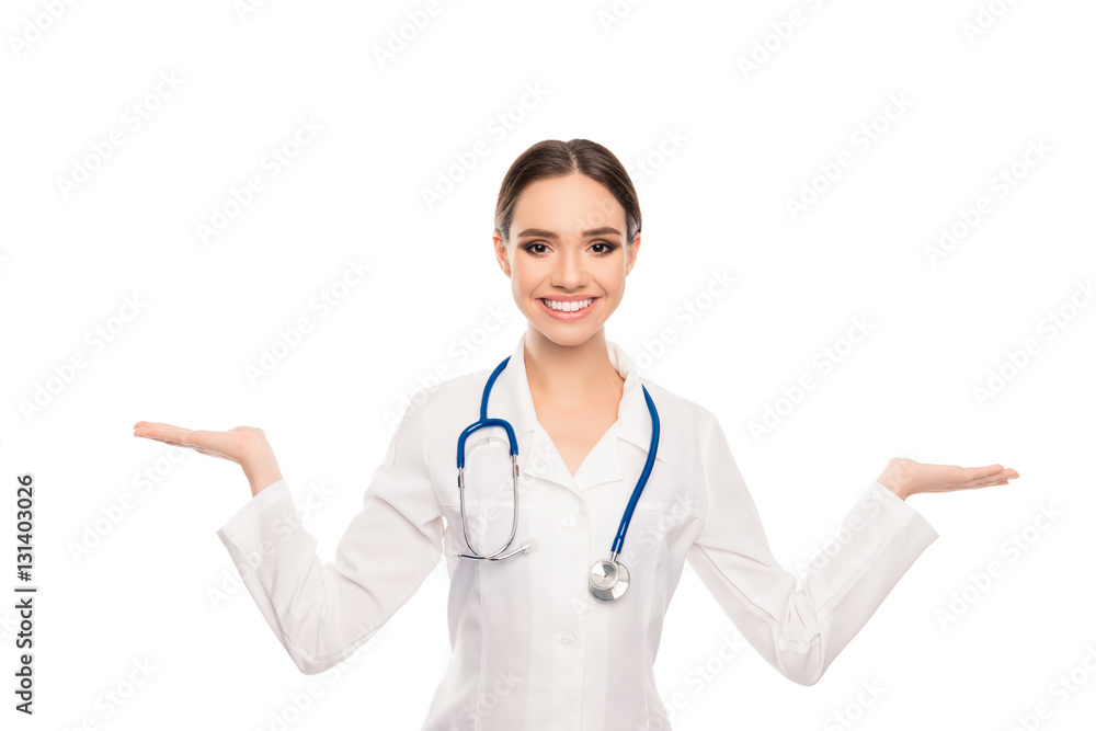 Young happy doctor choosing between two different products Young happy doctor choosing between two different products