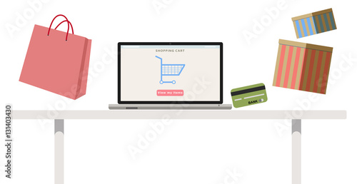 Buy online. Vector of a laptop, shopping cart, bag and gift boxes