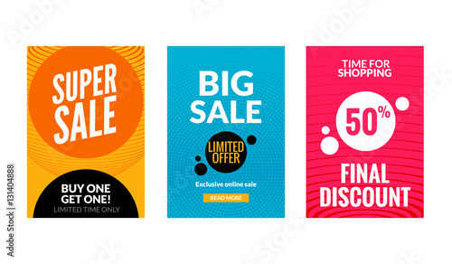 Sale flyers set with discount offer. Season best price poster template. Market banners shopping big discounts