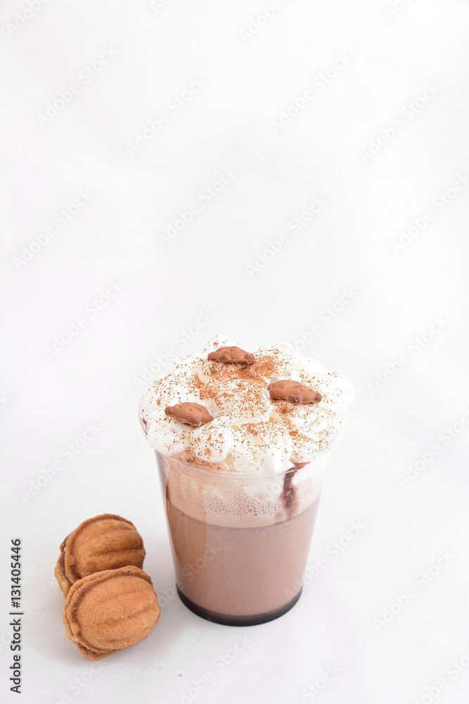 Ice coffee with whipped cream and donut with glaze Ice coffee with whipped cream and donut with glaze