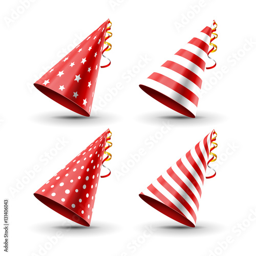 Party hat set isolated on a white. Birthday hat set. Vector fun decoration. Colorful surprise costume
