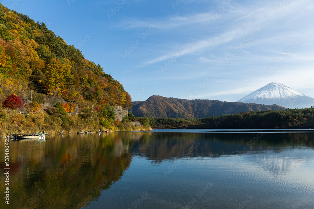 Saiko Lake and mount Fuji in Autumn