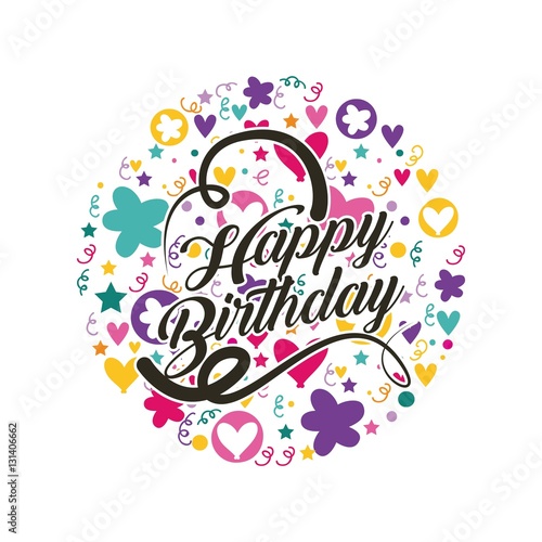happy birthday card with flowers and hearts icons over white background. colorful design. vector illustration