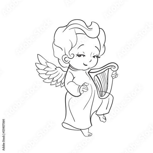 Cute baby angel making music playing harp