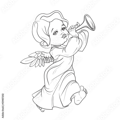 Toddler angel making music playing trumpet
