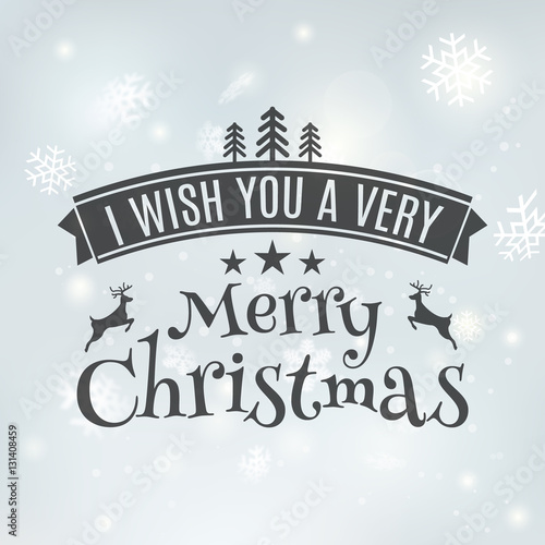 Merry Christmas text label on a winter background with snow and snowflakes. Greeting card template. Vector illustration design