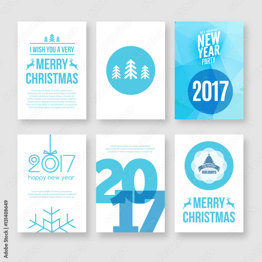 Happy new year 2017 and Merry Christmas vector modern brochure flyer design template with numbers. Set of Postcard, invitation. Vector illustration