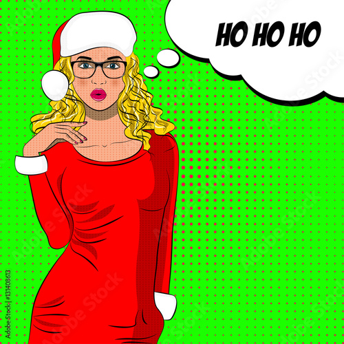 Pop art cute fashion mrs claus in christmas dress with glasses. Bubble sign with Ho ho ho.