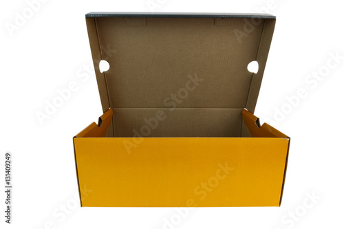 Orange / brown cardboard shoebox with lid partially open. Isolated. Horizontal.