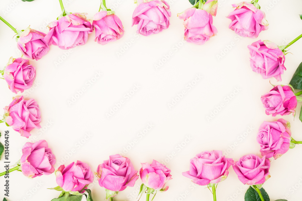 Valentines day violet roses top view flat ly frame Valentines day violet roses top view flat ly frame