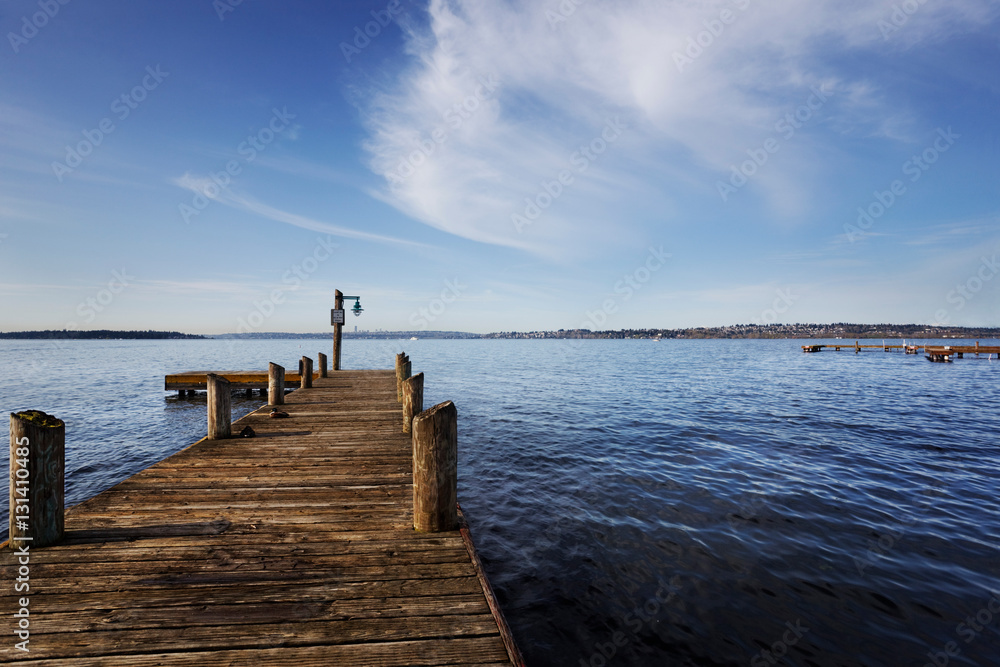 Fototapeta premium Public dock at Marine Point, Kirkland, Lake Washington, on a sunny Spring morning