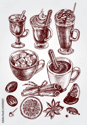 Hand drawn set of warming beverages. Vector isolated elements, collection of hot drinks and spices. Template for menu design, posters, flyers.